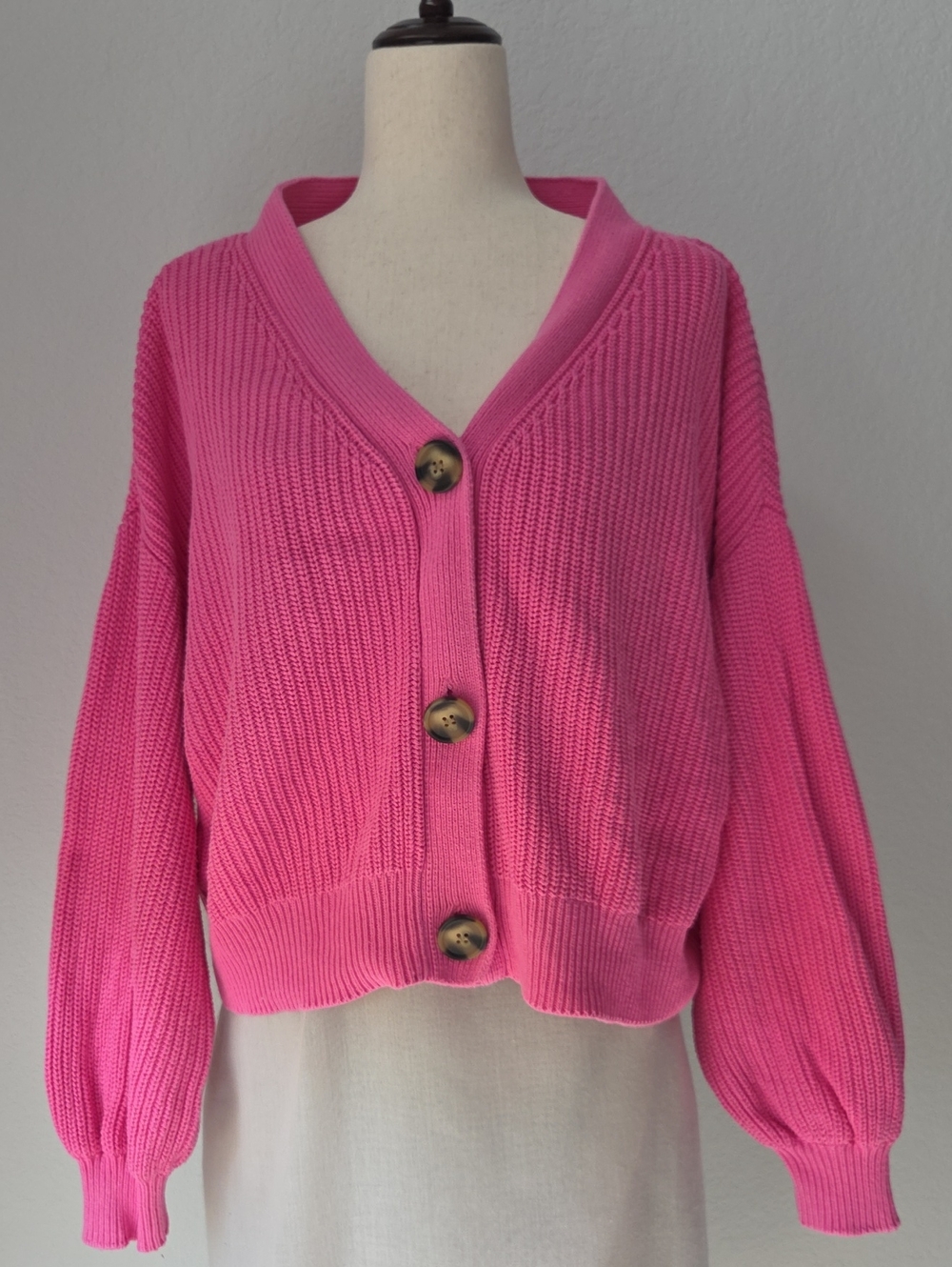 LOFT Pink Chunky Cardigan Cute Feminine Bishop Sleeve Cozy Oversize Buttons